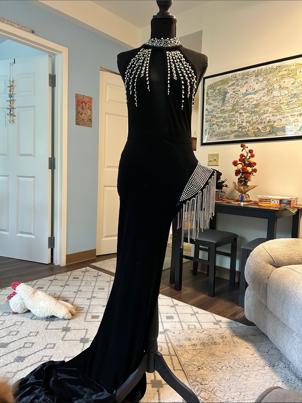 Fashion Nova Black Velvet Evening Gown with Crystal Fringe